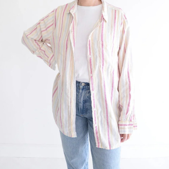 Gap Cream w Pink Stripe 55%  Linen Button Up Lightweight Dress Shirt Size XL - Picture 1 of 11